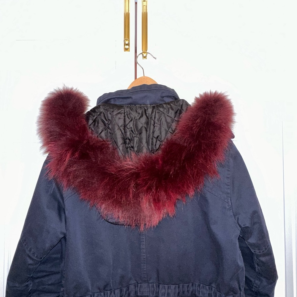 Elizabeth and James Navy Parka with Red Fox Fur Trim Hood
